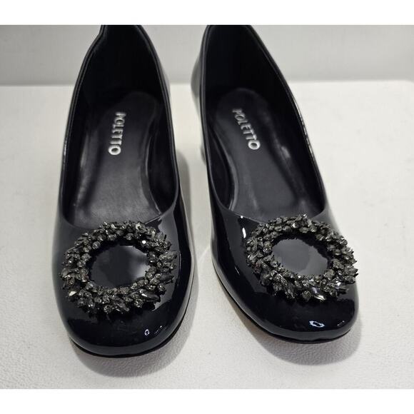 Poletto Charcoal Gray Patent Leather Heels Pumps Rhinestone Medallion Size 36 - Picture 5 of 12
